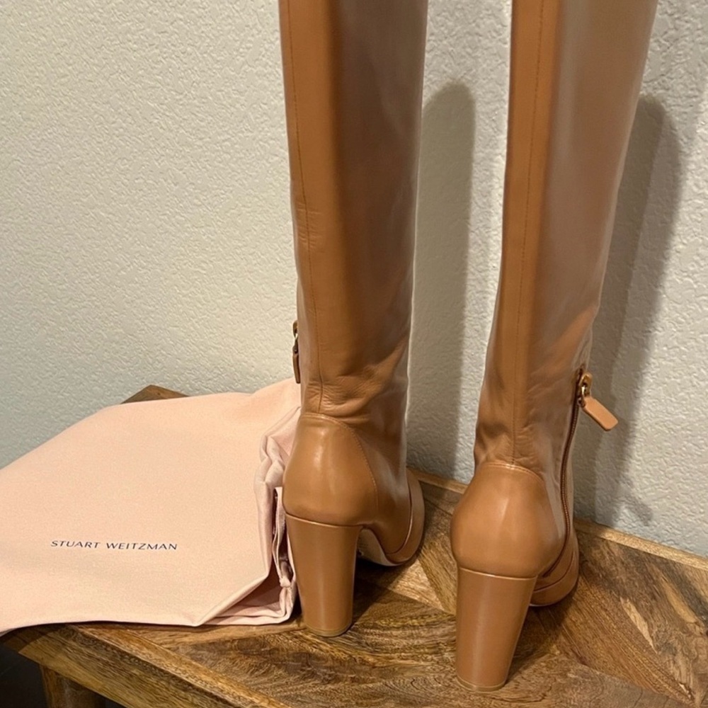Stuart Weitzman Camel Leather Over-the-Knee Block Heel Boots